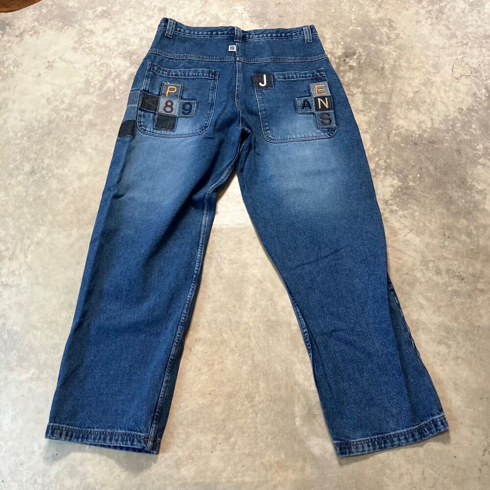 PACO Jeans Mens 36x33 Blue Spellout Patch Wide Leg Baggy Skate Y2K Denim - Picture 6 of 9
